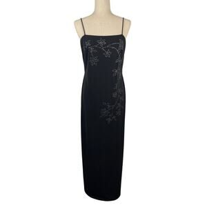 Vintage Y2K Black Silver Glitter Floral Thin Strap Maxi Pencil Dress Size 8 Prom